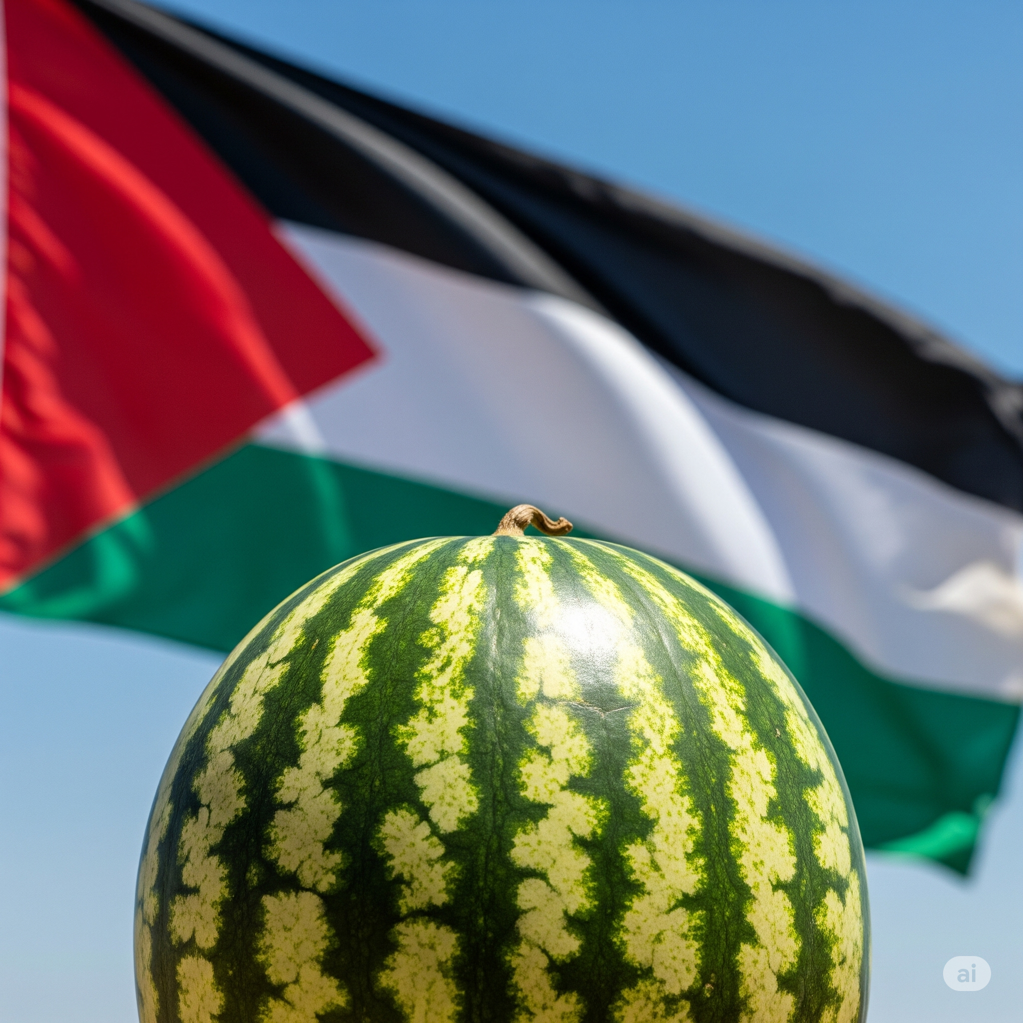 A photo of Palestinian flag behind a watermelon