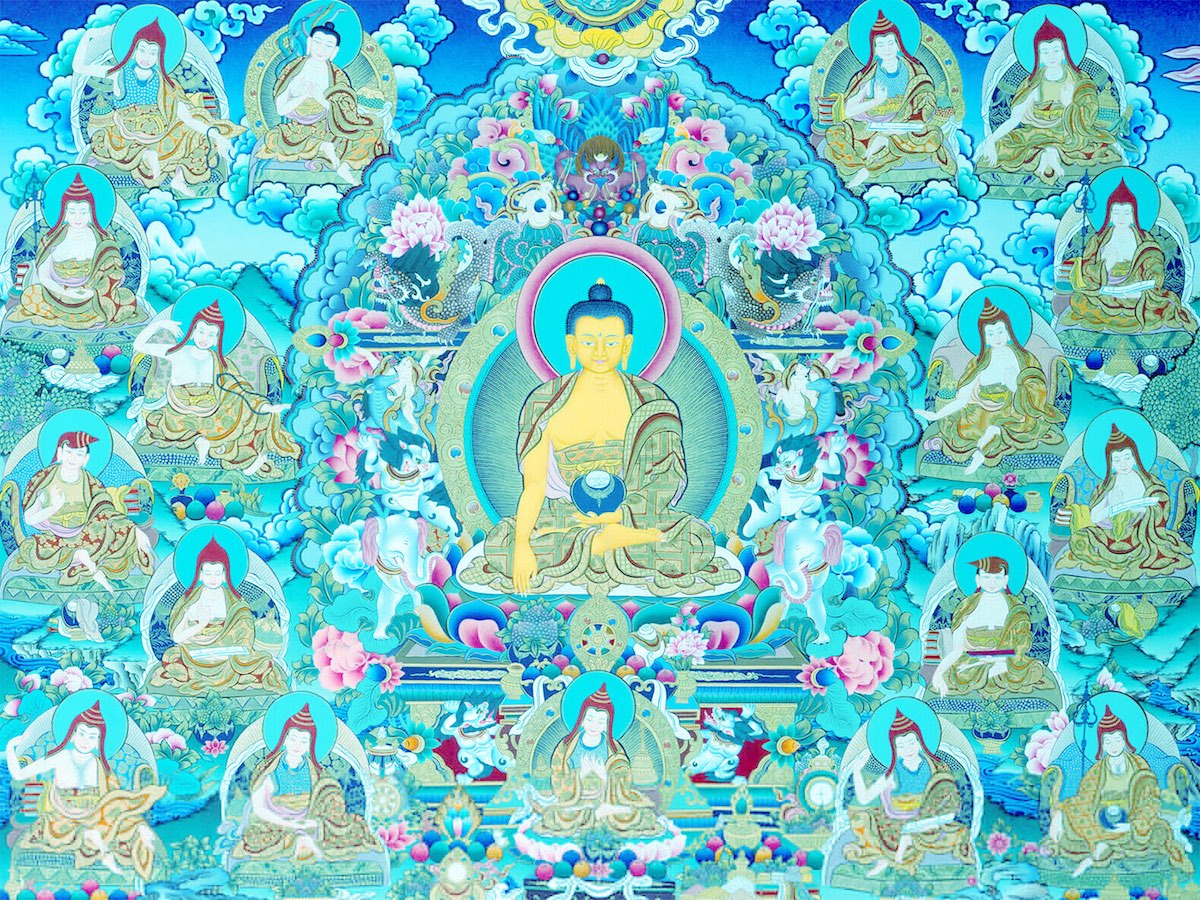 a blue, floral painting of a buddha sitting cross-legged with 17 smaller Buddha-like figures surrounding him