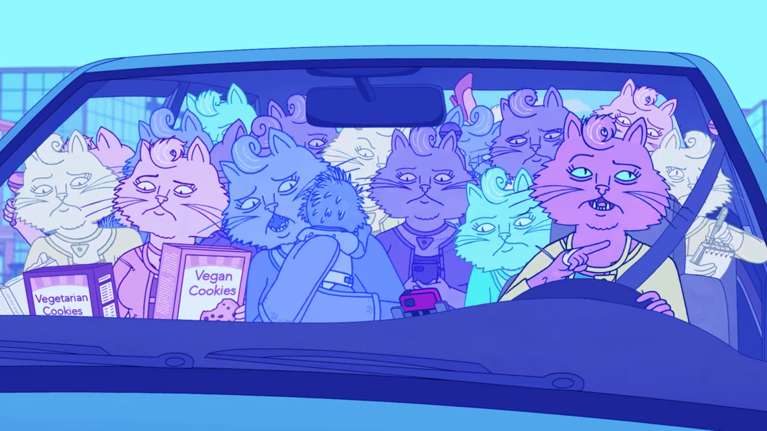 multicolored copies of the same female cat inside a car doing a variety of actions.