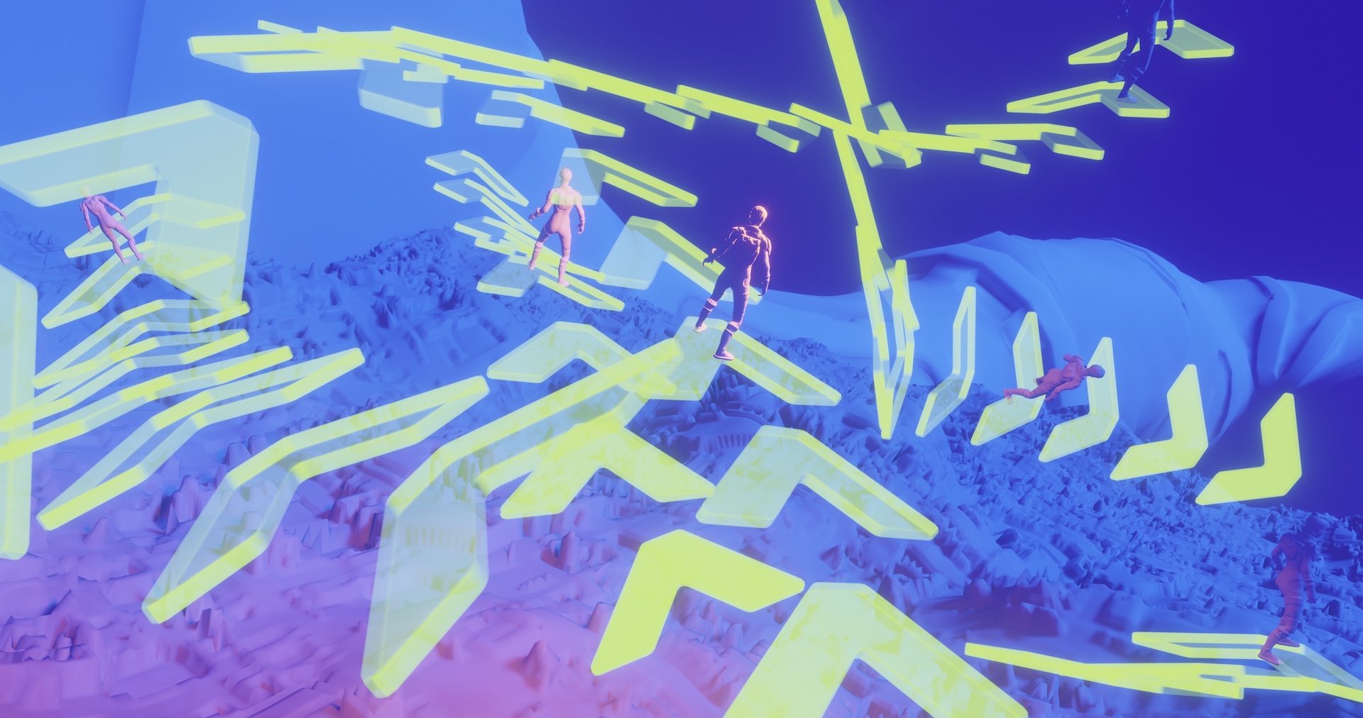 An indigo landcsape with a few mannequin-like figures standing on paths of green arrows floating and looping through space.